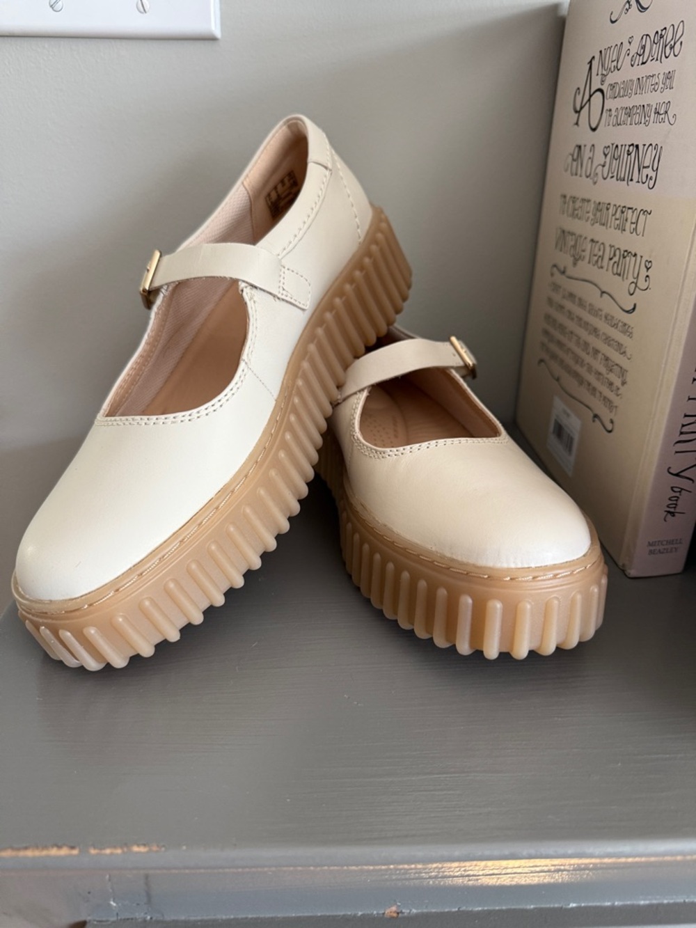 Clarks Cream Mary Jane Platform Clogs with Gum-Textured Sole